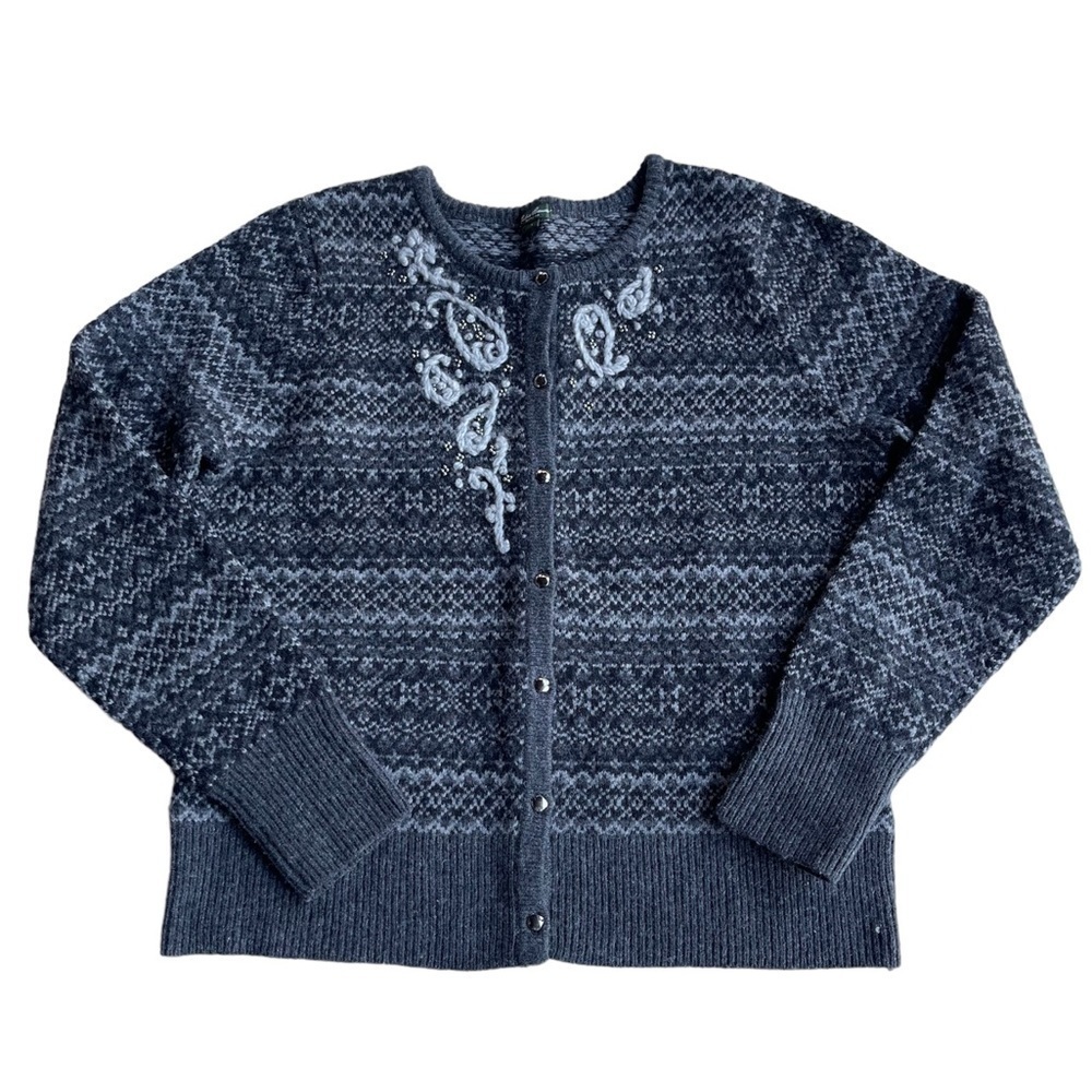 Eddie Bauer Black Nordic Embroidered Wool Blend Neckline Cardigan US L